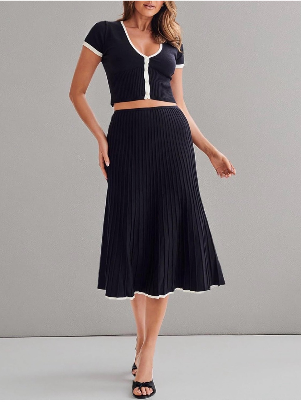 Black Crop Top with Ribbed Midi Skirt with White Trim